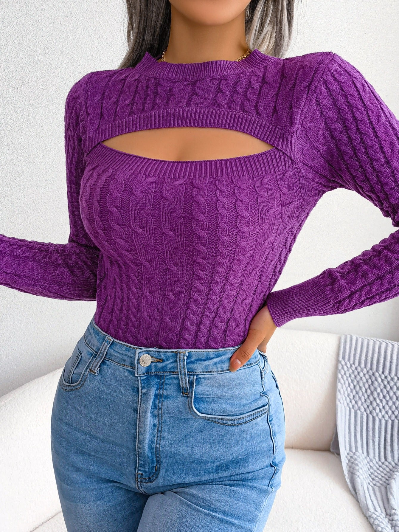 Women'S Sexy Hollow-Out Knit Pullover Sweater, Long Sleeve Crew Neck, Skinny Fit, Acrylic Blend (Polyester 28%, Polyamide 22%, Viscose 28%), High Stretch Fabric, Solid Color, Spring/Fall Fashion Top Alpen Store
