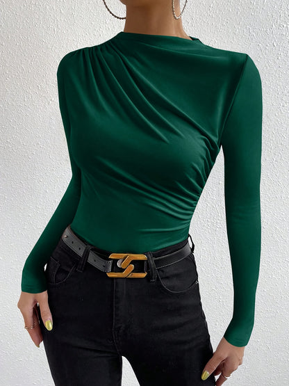 Elegant Women's Long Sleeve T-Shirt with Chest Wrinkle Detail - Slim Fit Medium Stretch Solid Color Top, Machine Washable All-Season Versatile Shirt for Casual & Formal Wear, Formal Attire, Turndown Collar, Stretch Fabric, Of Alpen Store