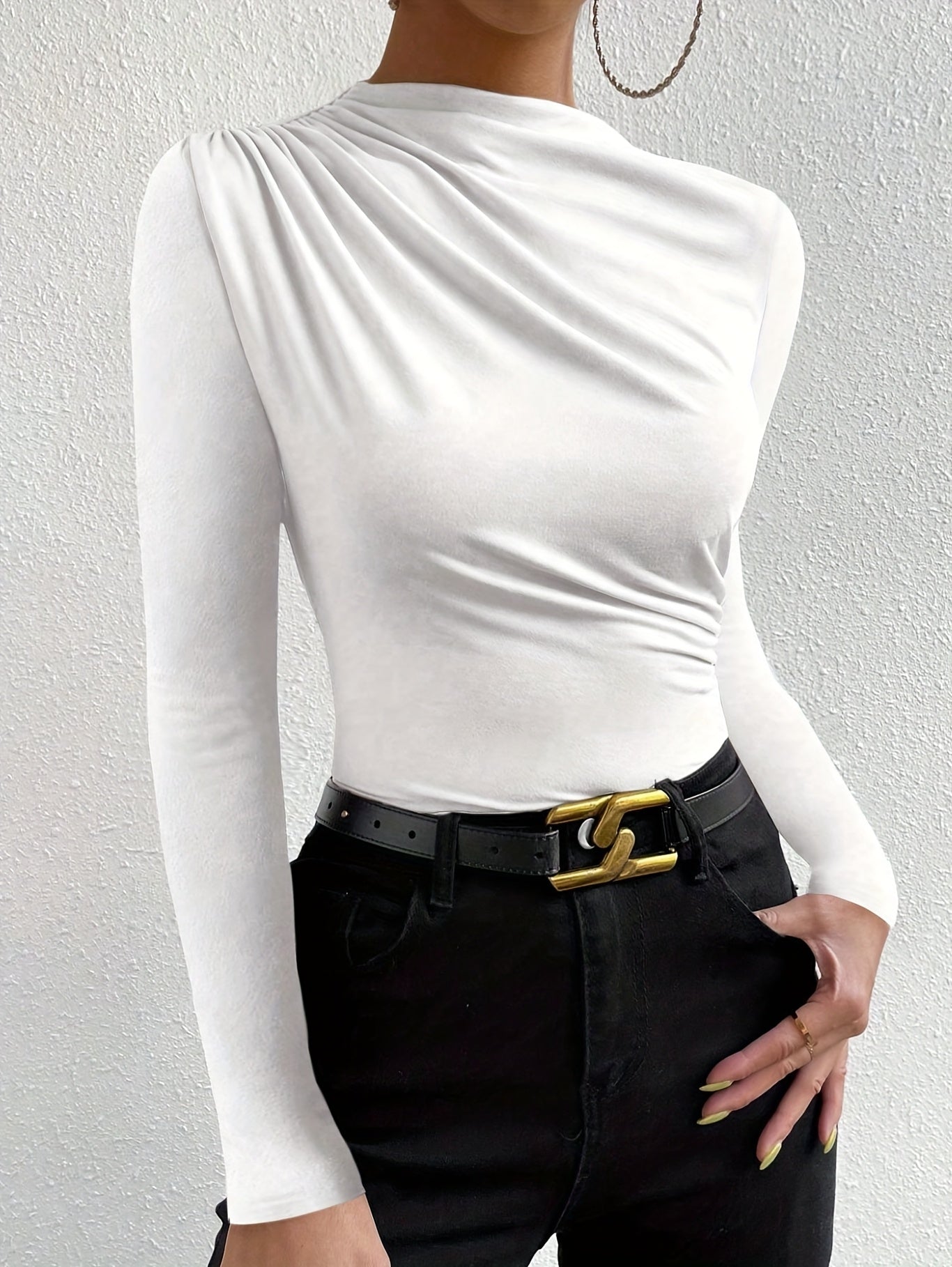 Elegant Women's Long Sleeve T-Shirt with Chest Wrinkle Detail - Slim Fit Medium Stretch Solid Color Top, Machine Washable All-Season Versatile Shirt for Casual & Formal Wear, Formal Attire, Turndown Collar, Stretch Fabric, Of Alpen Store