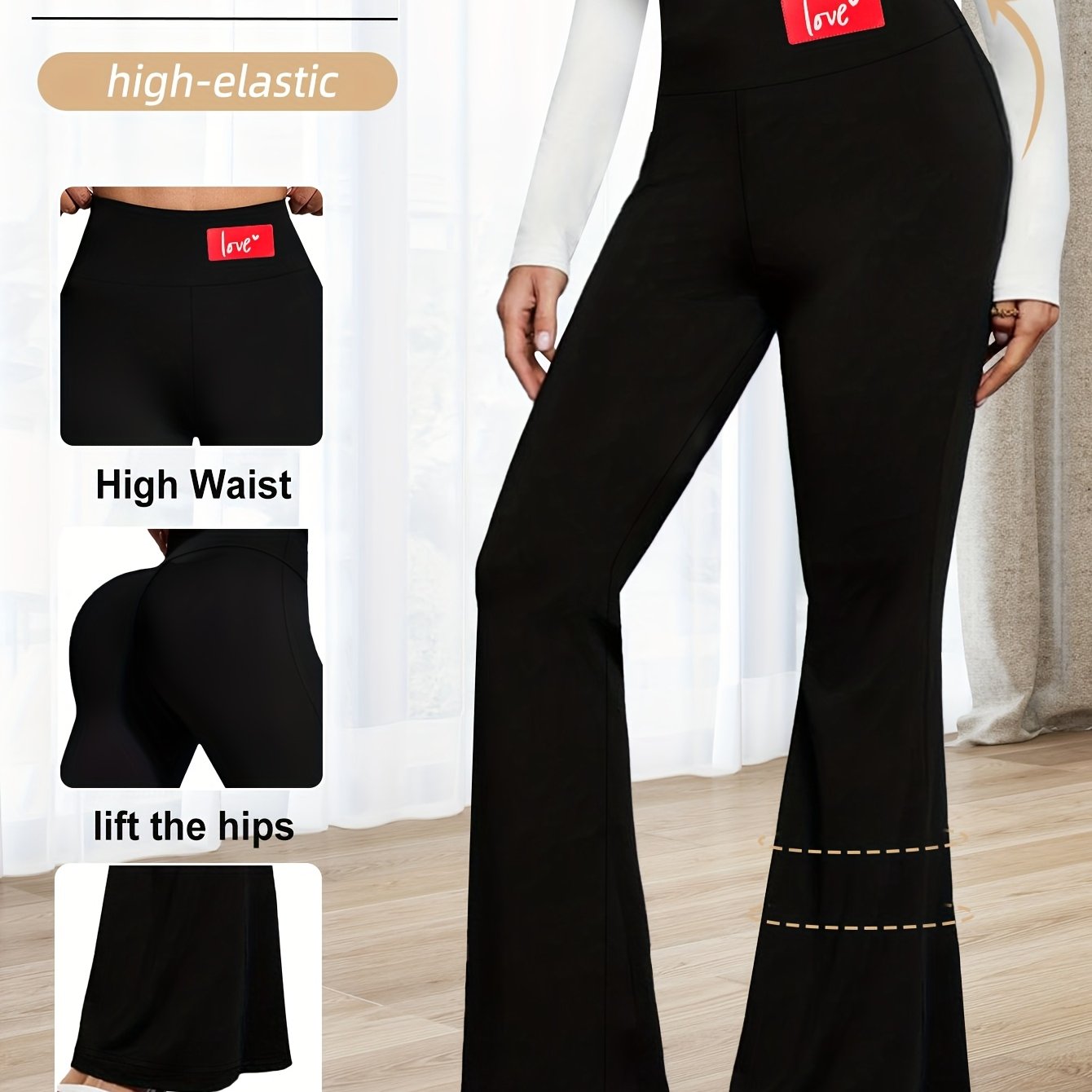 Women's High-Waisted Flared Leggings - Elastic Waistband, Mid-Rise 9/10 Length, Stretchy Comfort Fit for Spring/Autumn Casual Wear, Black, High Waisted Leggings Alpen Store