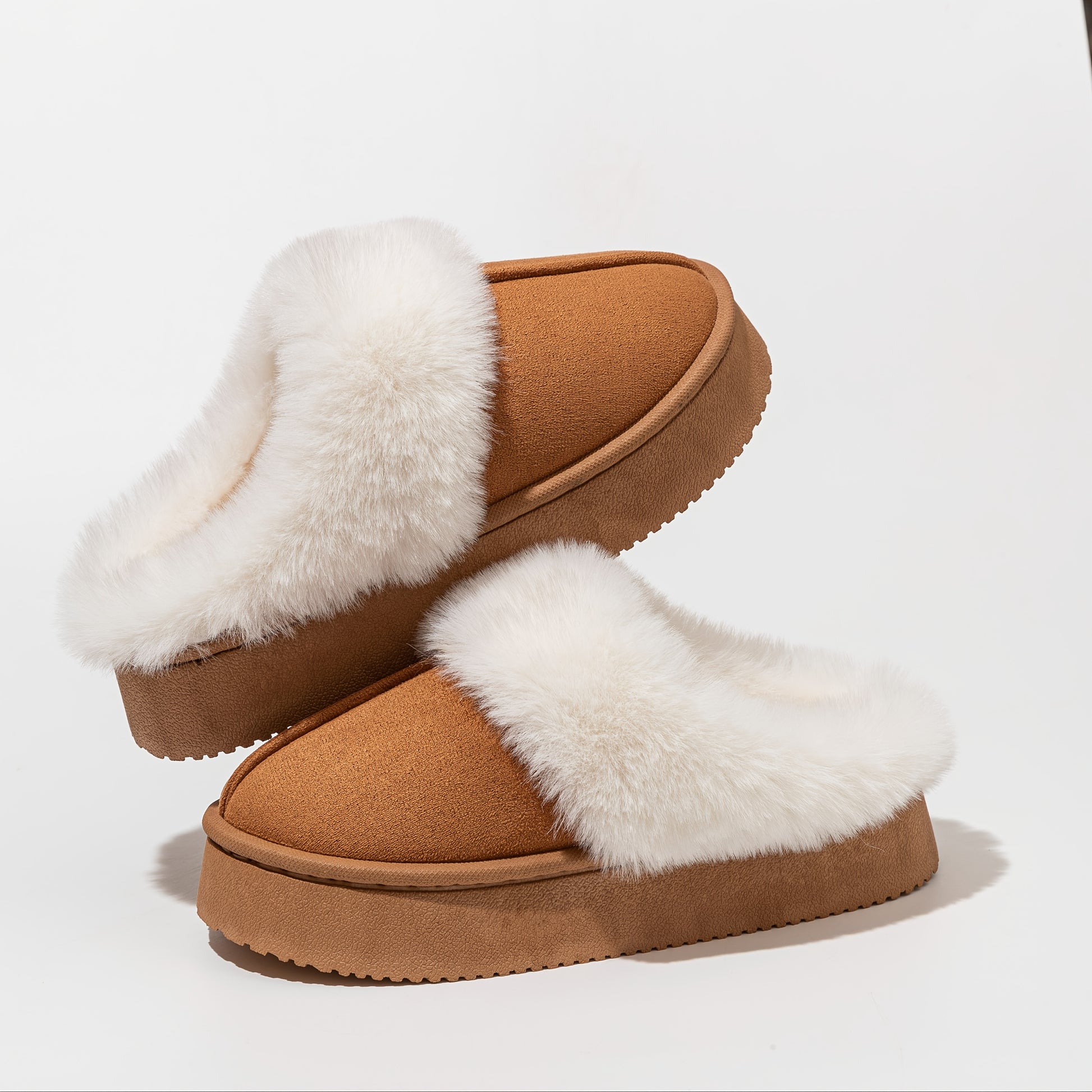 Women's Comfortable Faux Fur Lined Winter Boots - Chunky sole design, slip-on style, warm brown ankle boots with plush Faux Fur trim. Comfortable winter boots for cold weather wear, perfect gift. Halloween/Christmas gift. Alpen Store