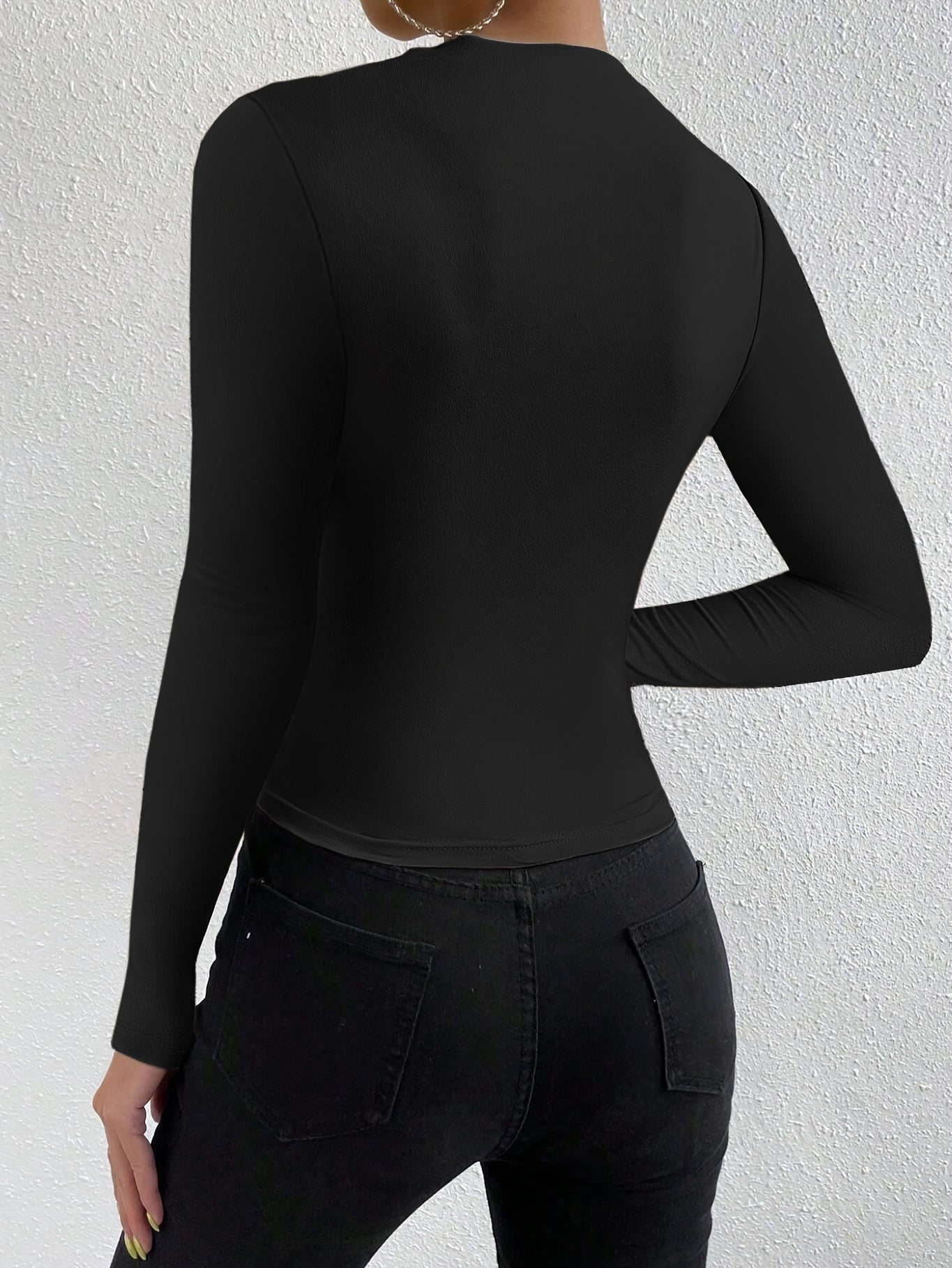 Elegant Women's Long Sleeve T-Shirt with Chest Wrinkle Detail - Slim Fit Medium Stretch Solid Color Top, Machine Washable All-Season Versatile Shirt for Casual & Formal Wear, Formal Attire, Turndown Collar, Stretch Fabric, Of Alpen Store