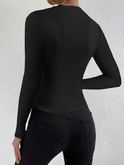 Elegant Women's Long Sleeve T-Shirt with Chest Wrinkle Detail - Slim Fit Medium Stretch Solid Color Top, Machine Washable All-Season Versatile Shirt for Casual & Formal Wear, Formal Attire, Turndown Collar, Stretch Fabric, Of Alpen Store