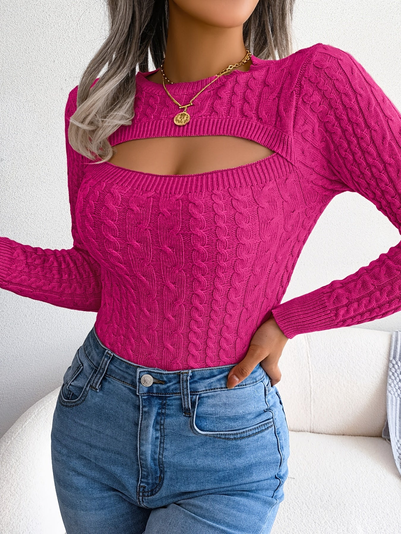 Women'S Sexy Hollow-Out Knit Pullover Sweater, Long Sleeve Crew Neck, Skinny Fit, Acrylic Blend (Polyester 28%, Polyamide 22%, Viscose 28%), High Stretch Fabric, Solid Color, Spring/Fall Fashion Top Alpen Store