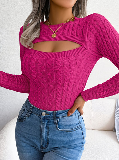 Women'S Sexy Hollow-Out Knit Pullover Sweater, Long Sleeve Crew Neck, Skinny Fit, Acrylic Blend (Polyester 28%, Polyamide 22%, Viscose 28%), High Stretch Fabric, Solid Color, Spring/Fall Fashion Top Alpen Store