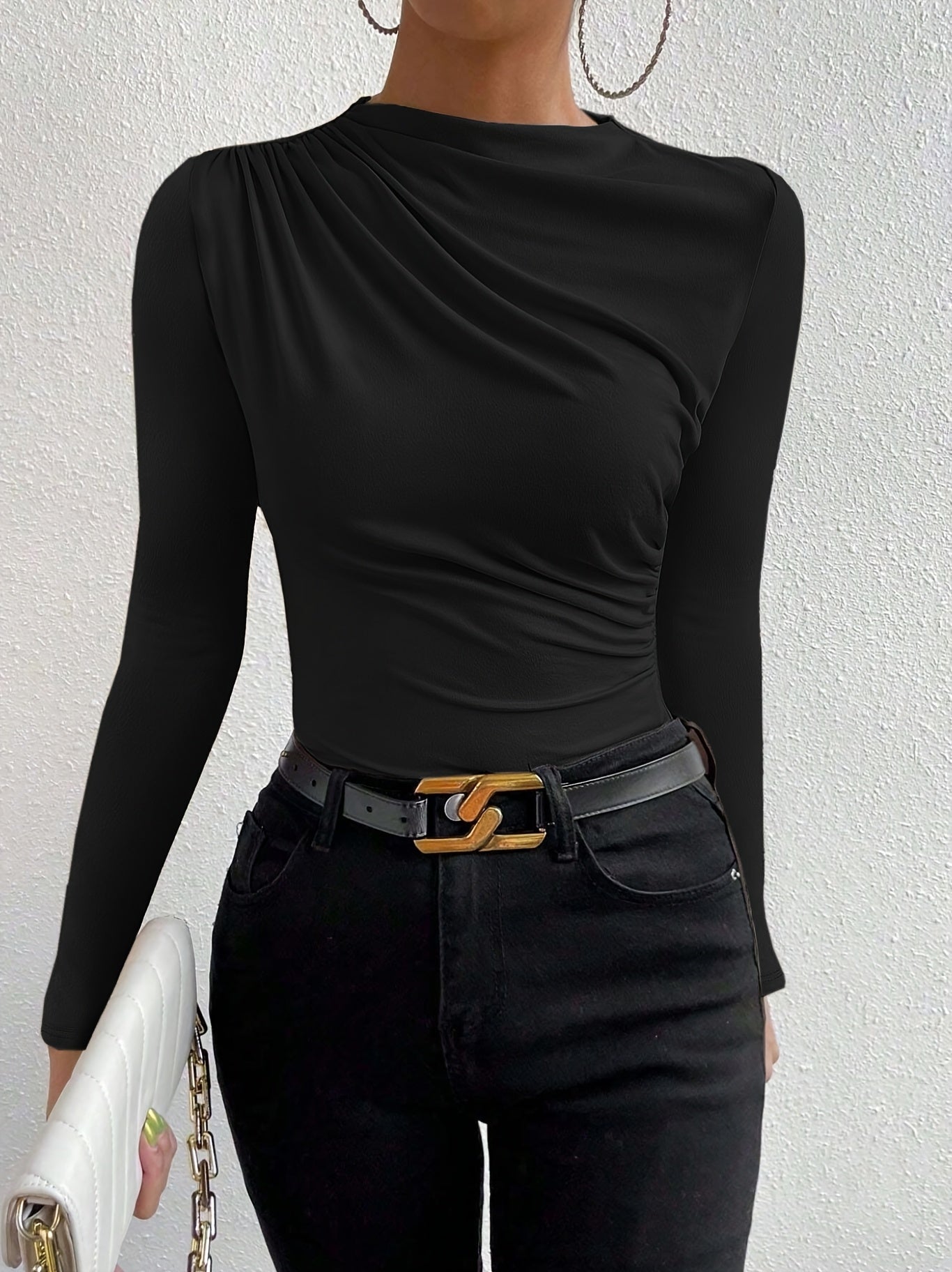 Elegant Women's Long Sleeve T-Shirt with Chest Wrinkle Detail - Slim Fit Medium Stretch Solid Color Top, Machine Washable All-Season Versatile Shirt for Casual & Formal Wear, Formal Attire, Turndown Collar, Stretch Fabric, Of Alpen Store