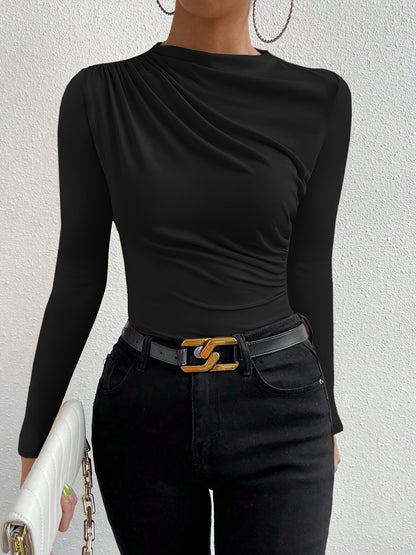 Elegant Women's Long Sleeve T-Shirt with Chest Wrinkle Detail - Slim Fit Medium Stretch Solid Color Top, Machine Washable All-Season Versatile Shirt for Casual & Formal Wear, Formal Attire, Turndown Collar, Stretch Fabric, Of Alpen Store