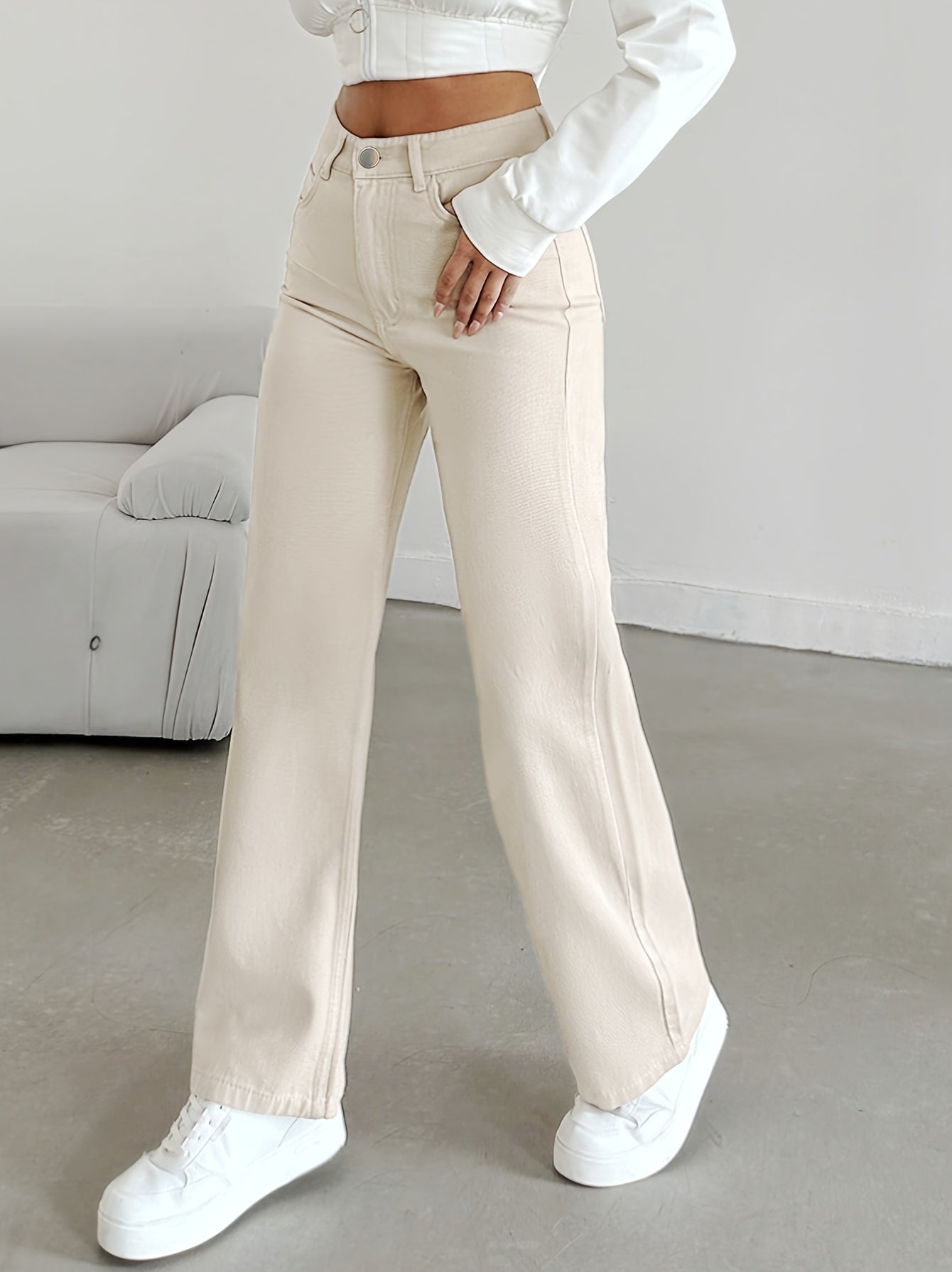 Women's High-Waisted Straight-Leg Jeans Pants - Beige Beige Denim, Belted Waist (No-Stretch -like Fabric), All-Season Trousers for Casual & Formal Wear, Classic Tailored Fit (Machine Washable) - Brown Jeans Alpen Store