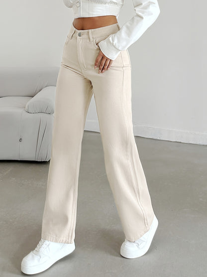 Women's High-Waisted Straight-Leg Jeans Pants - Beige Beige Denim, Belted Waist (No-Stretch -like Fabric), All-Season Trousers for Casual & Formal Wear, Classic Tailored Fit (Machine Washable) - Brown Jeans Alpen Store