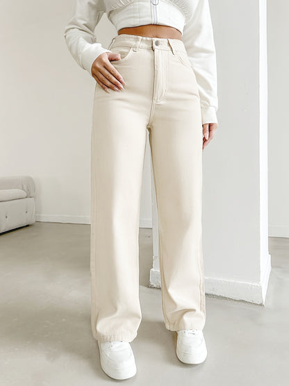 Women's High-Waisted Straight-Leg Jeans Pants - Beige Beige Denim, Belted Waist (No-Stretch -like Fabric), All-Season Trousers for Casual & Formal Wear, Classic Tailored Fit (Machine Washable) - Brown Jeans Alpen Store