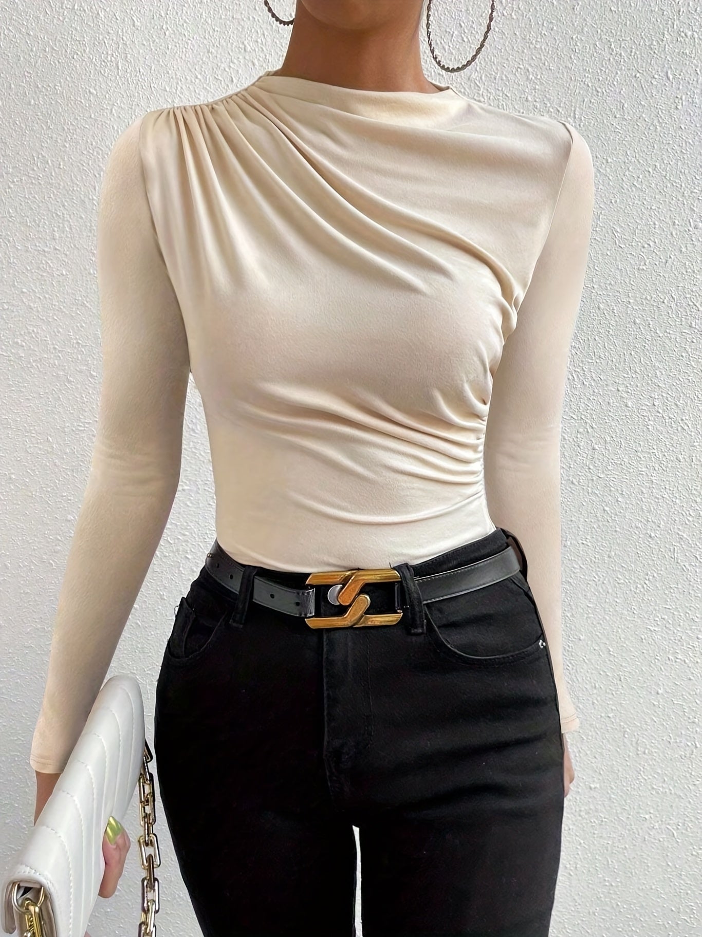 Elegant Women's Long Sleeve T-Shirt with Chest Wrinkle Detail - Slim Fit Medium Stretch Solid Color Top, Machine Washable All-Season Versatile Shirt for Casual & Formal Wear, Formal Attire, Turndown Collar, Stretch Fabric, Of Alpen Store