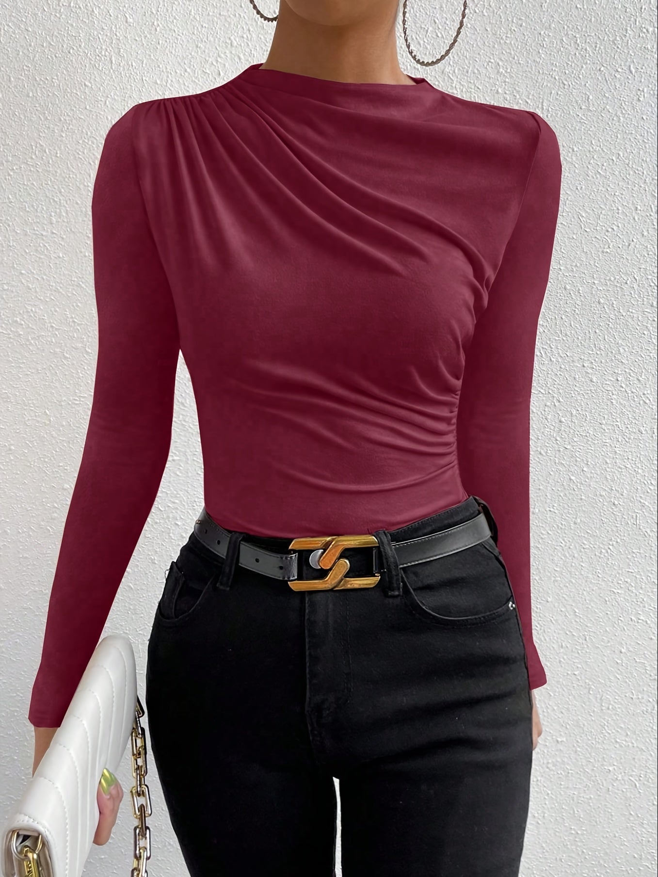 Elegant Women's Long Sleeve T-Shirt with Chest Wrinkle Detail - Slim Fit Medium Stretch Solid Color Top, Machine Washable All-Season Versatile Shirt for Casual & Formal Wear, Formal Attire, Turndown Collar, Stretch Fabric, Of Alpen Store