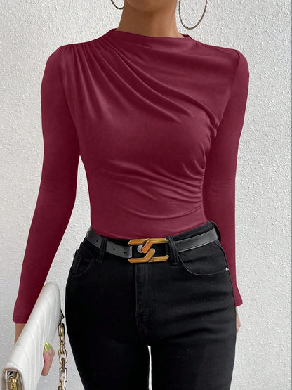 Elegant Women's Long Sleeve T-Shirt with Chest Wrinkle Detail - Slim Fit Medium Stretch Solid Color Top, Machine Washable All-Season Versatile Shirt for Casual & Formal Wear, Formal Attire, Turndown Collar, Stretch Fabric, Of Alpen Store