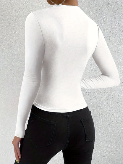 Elegant Women's Long Sleeve T-Shirt with Chest Wrinkle Detail - Slim Fit Medium Stretch Solid Color Top, Machine Washable All-Season Versatile Shirt for Casual & Formal Wear, Formal Attire, Turndown Collar, Stretch Fabric, Of Alpen Store