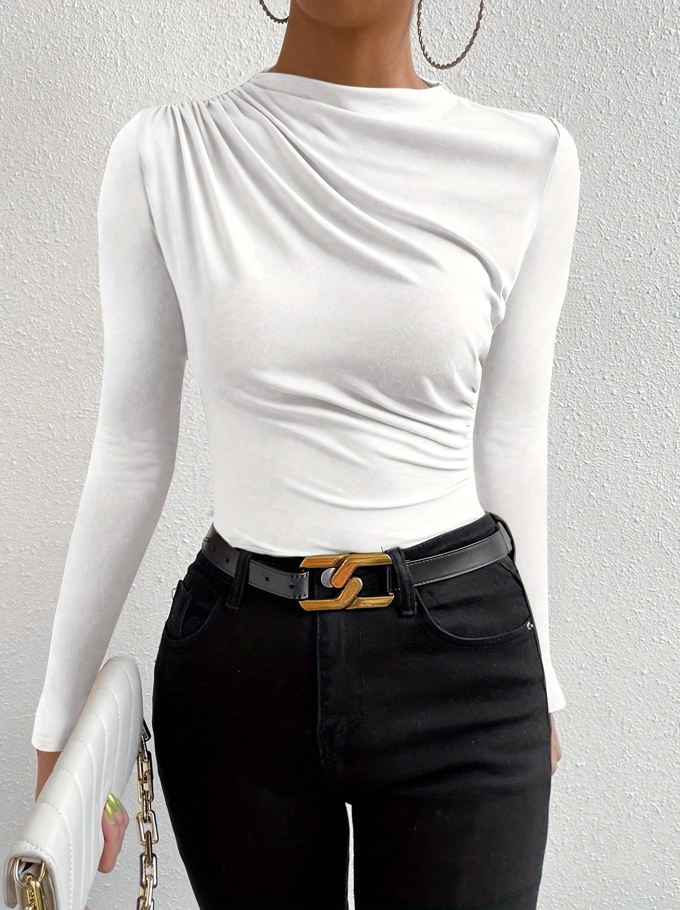 Elegant Women's Long Sleeve T-Shirt with Chest Wrinkle Detail - Slim Fit Medium Stretch Solid Color Top, Machine Washable All-Season Versatile Shirt for Casual & Formal Wear, Formal Attire, Turndown Collar, Stretch Fabric, Of Alpen Store