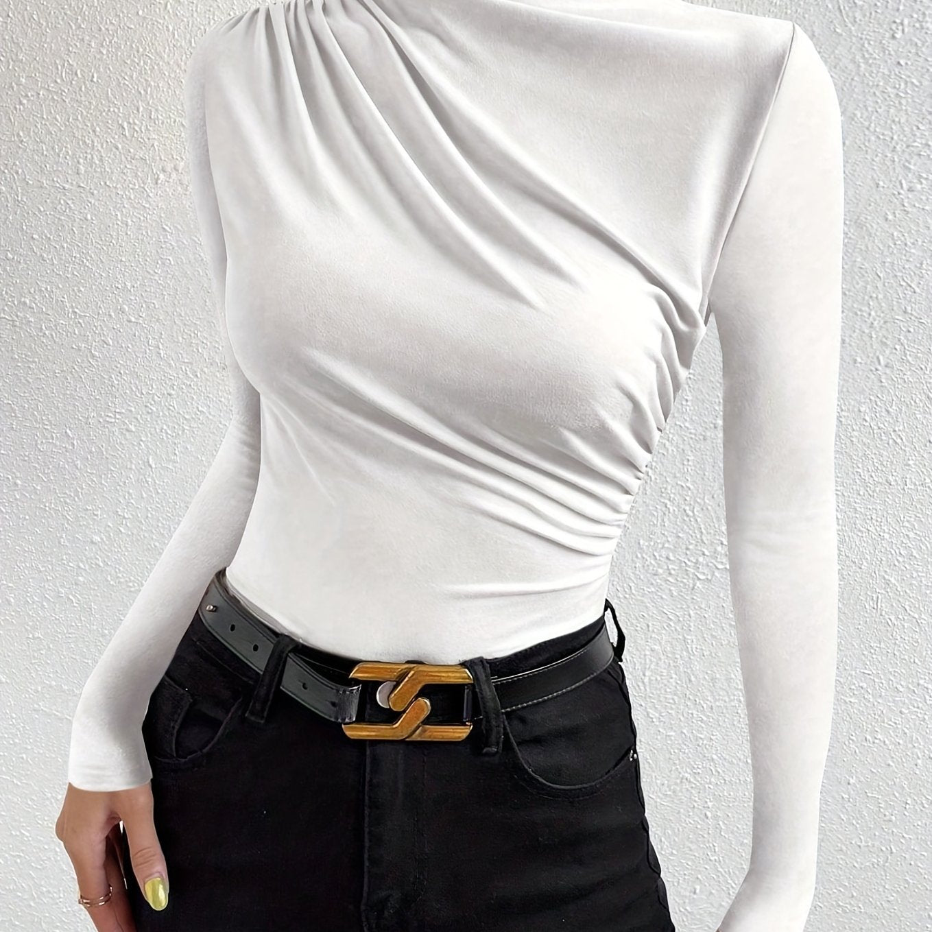 Elegant Women's Long Sleeve T-Shirt with Chest Wrinkle Detail - Slim Fit Medium Stretch Solid Color Top, Machine Washable All-Season Versatile Shirt for Casual & Formal Wear, Formal Attire, Turndown Collar, Stretch Fabric, Of Alpen Store