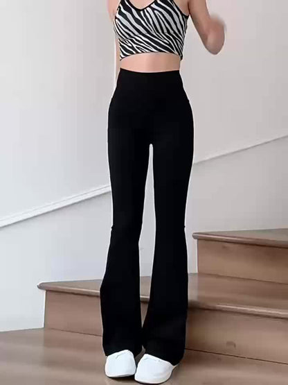 Women's High-Waisted Flared Leggings - Elastic Waistband, Mid-Rise 9/10 Length, Stretchy Comfort Fit for Spring/Autumn Casual Wear, Black, High Waisted Leggings Alpen Store