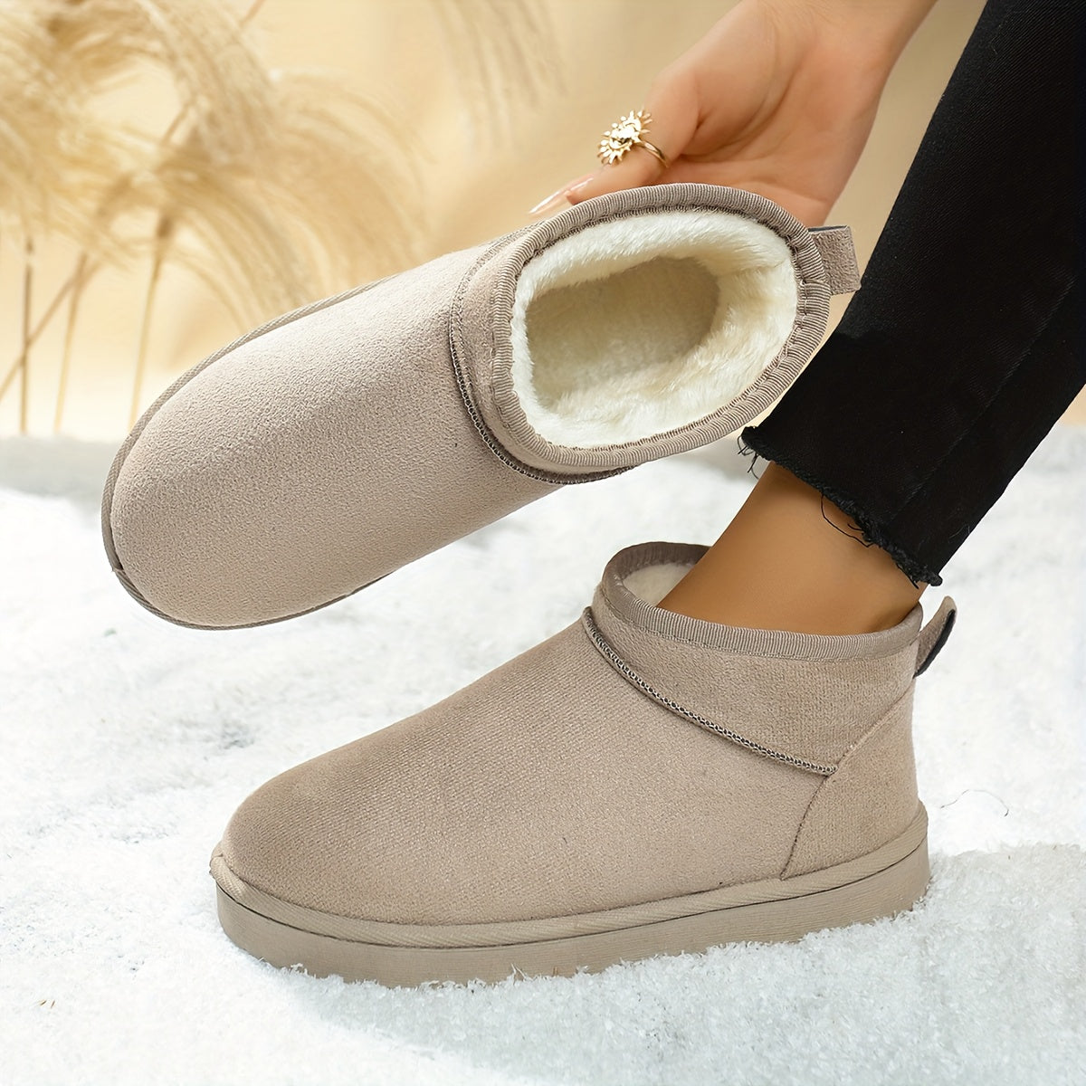 Women's Slip-On Moccasin Style warm boots - Soft Round Toe Flat Boots with Plush Lining and Arch Support, Beige TPU Sole for Ice and   Protection - Beige/Black/Grey/Blue/Green/Brown - Casual and Semi-Formal Winter Footwear, N Alpen Store