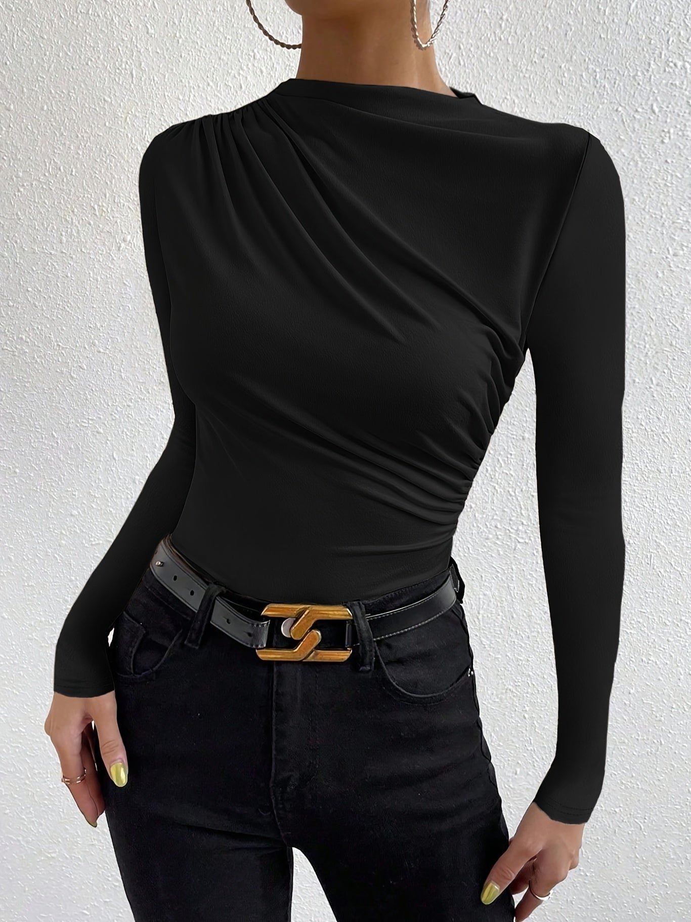 Elegant Women's Long Sleeve T-Shirt with Chest Wrinkle Detail - Slim Fit Medium Stretch Solid Color Top, Machine Washable All-Season Versatile Shirt for Casual & Formal Wear, Formal Attire, Turndown Collar, Stretch Fabric, Of Alpen Store