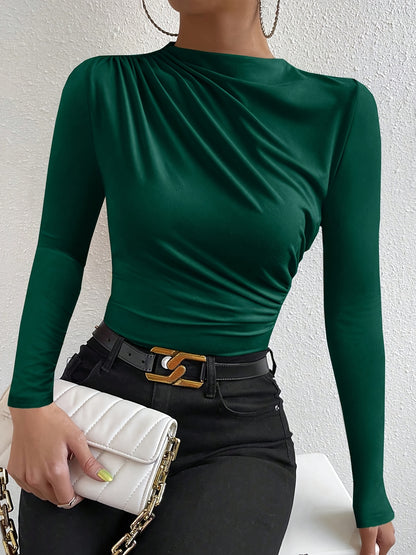 Elegant Women's Long Sleeve T-Shirt with Chest Wrinkle Detail - Slim Fit Medium Stretch Solid Color Top, Machine Washable All-Season Versatile Shirt for Casual & Formal Wear, Formal Attire, Turndown Collar, Stretch Fabric, Of Alpen Store