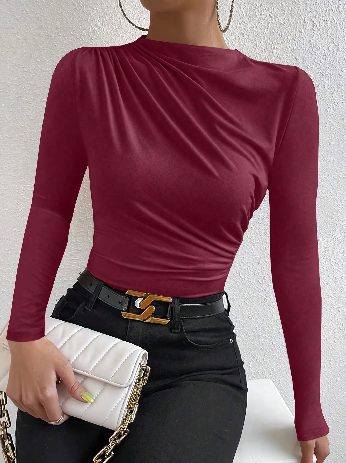 Elegant Women's Long Sleeve T-Shirt with Chest Wrinkle Detail - Slim Fit Medium Stretch Solid Color Top, Machine Washable All-Season Versatile Shirt for Casual & Formal Wear, Formal Attire, Turndown Collar, Stretch Fabric, Of Alpen Store