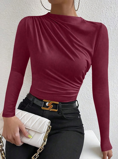 Elegant Women's Long Sleeve T-Shirt with Chest Wrinkle Detail - Slim Fit Medium Stretch Solid Color Top, Machine Washable All-Season Versatile Shirt for Casual & Formal Wear, Formal Attire, Turndown Collar, Stretch Fabric, Of Alpen Store