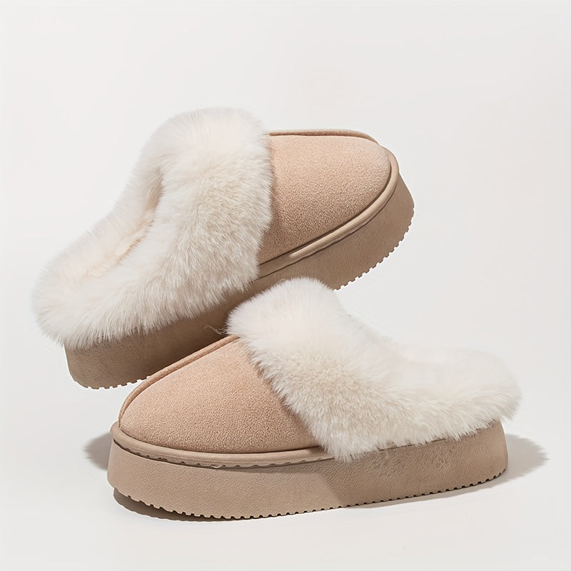 Women's Comfortable Faux Fur Lined Winter Boots - Chunky sole design, slip-on style, warm brown ankle boots with plush Faux Fur trim. Comfortable winter boots for cold weather wear, perfect gift. Halloween/Christmas gift. Alpen Store