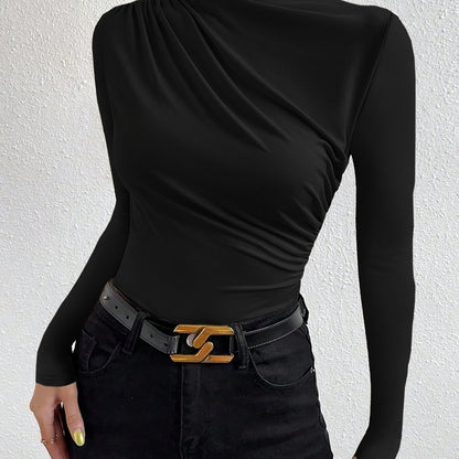 Elegant Women's Long Sleeve T-Shirt with Chest Wrinkle Detail - Slim Fit Medium Stretch Solid Color Top, Machine Washable All-Season Versatile Shirt for Casual & Formal Wear, Formal Attire, Turndown Collar, Stretch Fabric, Of Alpen Store