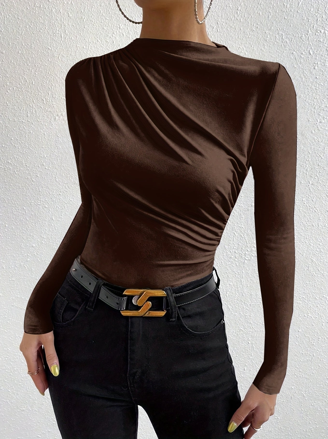 Elegant Women's Long Sleeve T-Shirt with Chest Wrinkle Detail - Slim Fit Medium Stretch Solid Color Top, Machine Washable All-Season Versatile Shirt for Casual & Formal Wear, Formal Attire, Turndown Collar, Stretch Fabric, Of Alpen Store