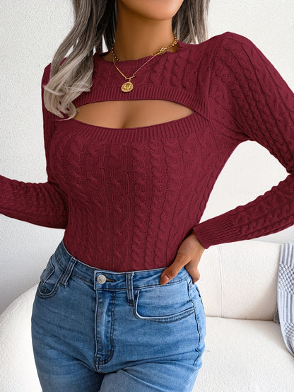 Women'S Sexy Hollow-Out Knit Pullover Sweater, Long Sleeve Crew Neck, Skinny Fit, Acrylic Blend (Polyester 28%, Polyamide 22%, Viscose 28%), High Stretch Fabric, Solid Color, Spring/Fall Fashion Top Alpen Store