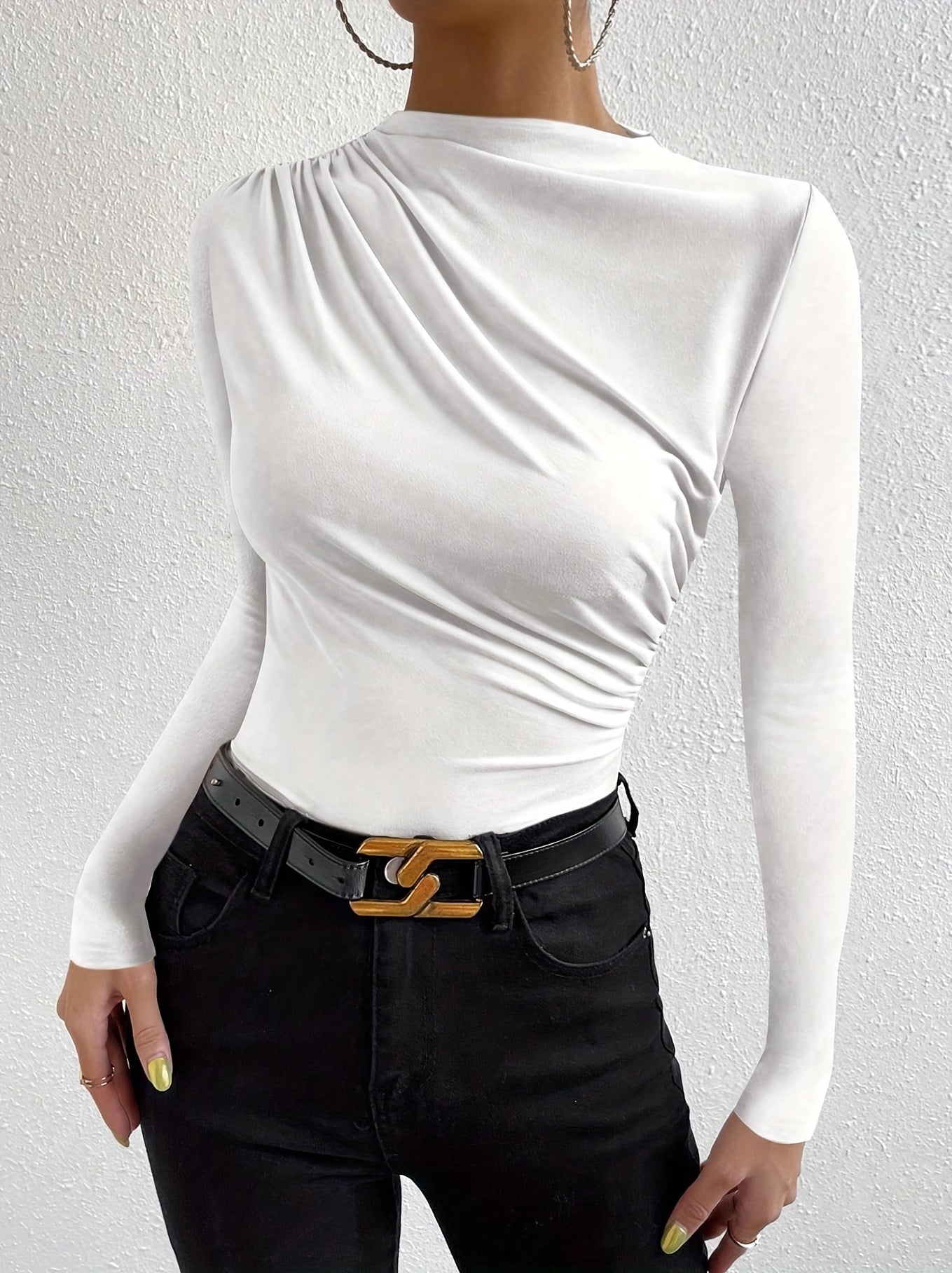Elegant Women's Long Sleeve T-Shirt with Chest Wrinkle Detail - Slim Fit Medium Stretch Solid Color Top, Machine Washable All-Season Versatile Shirt for Casual & Formal Wear, Formal Attire, Turndown Collar, Stretch Fabric, Of Alpen Store