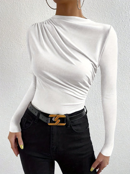 Elegant Women's Long Sleeve T-Shirt with Chest Wrinkle Detail - Slim Fit Medium Stretch Solid Color Top, Machine Washable All-Season Versatile Shirt for Casual & Formal Wear, Formal Attire, Turndown Collar, Stretch Fabric, Of Alpen Store