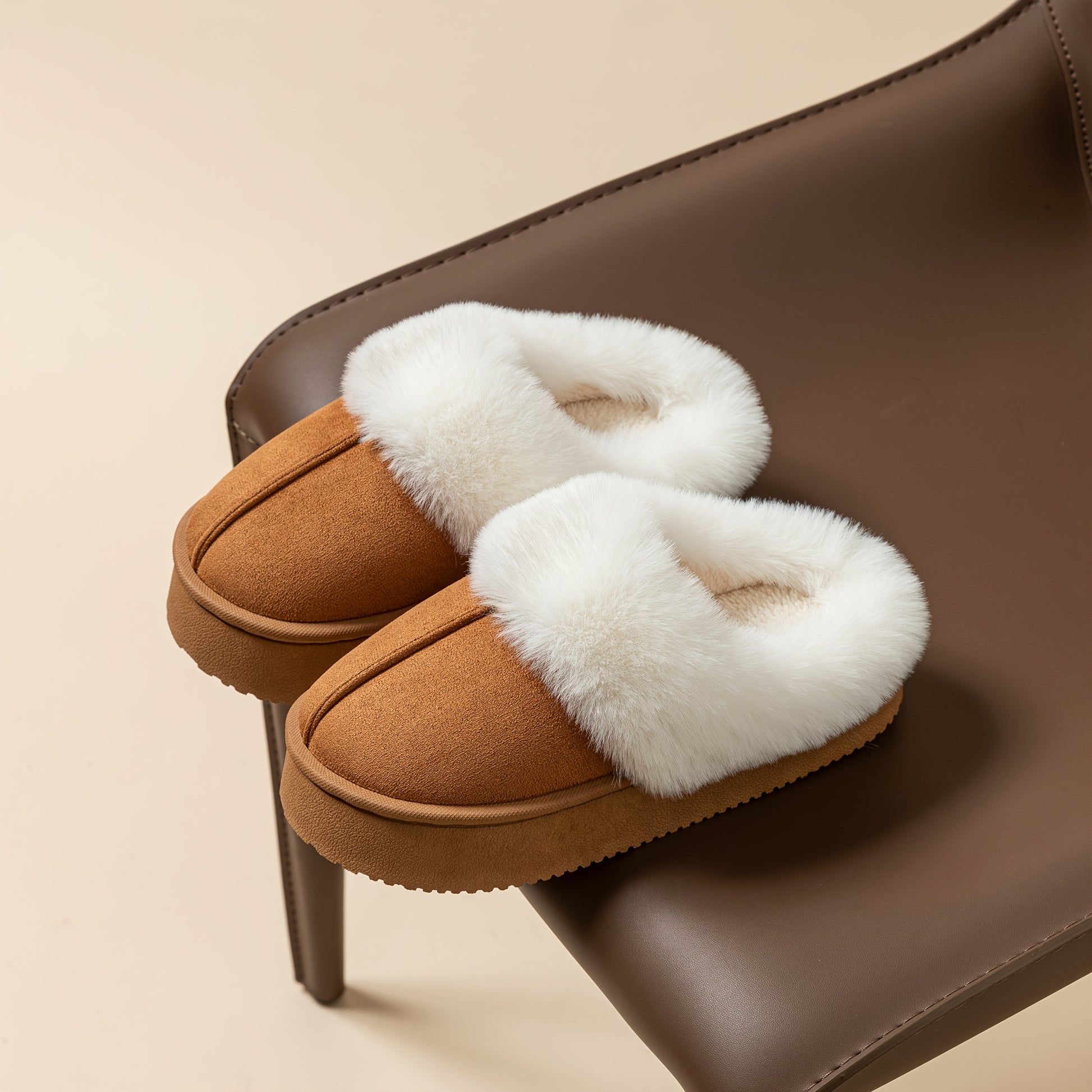 Women's Comfortable Faux Fur Lined Winter Boots - Chunky sole design, slip-on style, warm brown ankle boots with plush Faux Fur trim. Comfortable winter boots for cold weather wear, perfect gift. Halloween/Christmas gift. Alpen Store