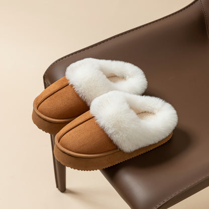 Women's Comfortable Faux Fur Lined Winter Boots - Chunky sole design, slip-on style, warm brown ankle boots with plush Faux Fur trim. Comfortable winter boots for cold weather wear, perfect gift. Halloween/Christmas gift. Alpen Store