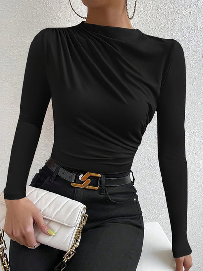 Elegant Women's Long Sleeve T-Shirt with Chest Wrinkle Detail - Slim Fit Medium Stretch Solid Color Top, Machine Washable All-Season Versatile Shirt for Casual & Formal Wear, Formal Attire, Turndown Collar, Stretch Fabric, Of Alpen Store