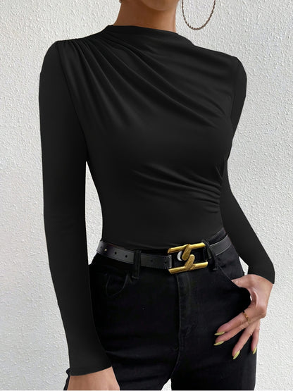 Elegant Women's Long Sleeve T-Shirt with Chest Wrinkle Detail - Slim Fit Medium Stretch Solid Color Top, Machine Washable All-Season Versatile Shirt for Casual & Formal Wear, Formal Attire, Turndown Collar, Stretch Fabric, Of Alpen Store