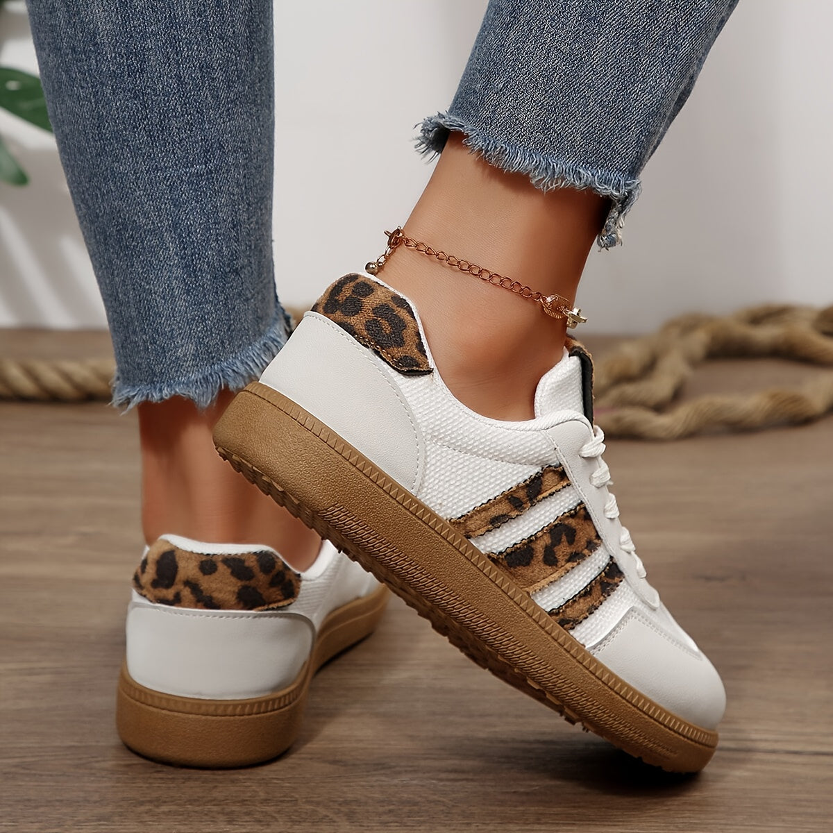 Women's White & Brown Leopard Print Sneakers - Chunky Platform Mid-Top Lace-Up Casual Shoes with Arch Support, Cushioned Insole & Arch Cushioning, All-Season Synthetic Cover-like Upper, Round Toe & Lining - Versatile for Casu Alpen Store