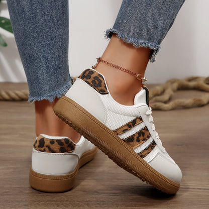 Women's White & Brown Leopard Print Sneakers - Chunky Platform Mid-Top Lace-Up Casual Shoes with Arch Support, Cushioned Insole & Arch Cushioning, All-Season Synthetic Cover-like Upper, Round Toe & Lining - Versatile for Casu Alpen Store