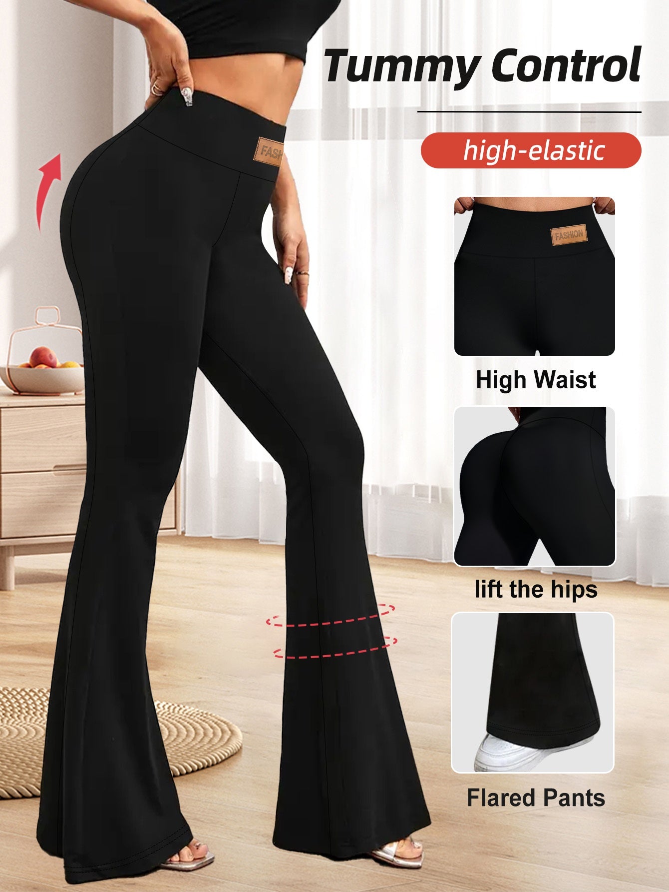 Women's High-Waisted Flared Leggings - Elastic Waistband, Mid-Rise 9/10 Length, Stretchy Comfort Fit for Spring/Autumn Casual Wear, Black, High Waisted Leggings Alpen Store