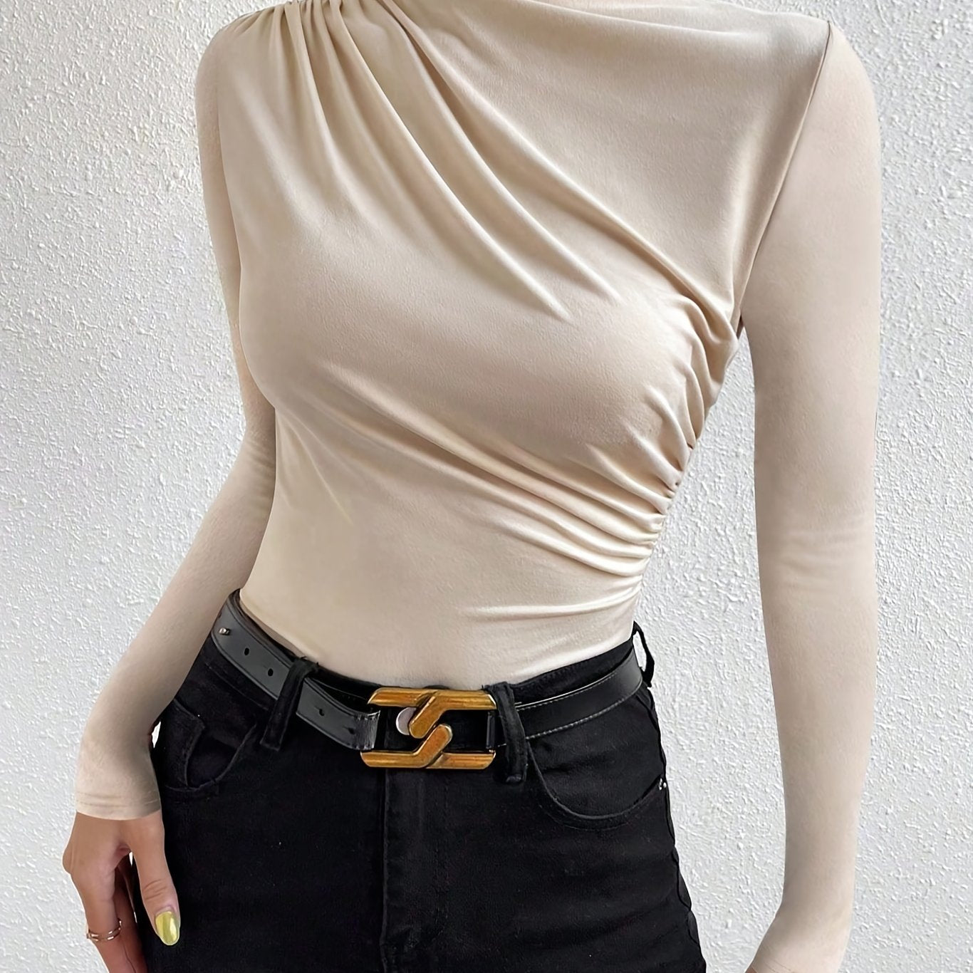 Elegant Women's Long Sleeve T-Shirt with Chest Wrinkle Detail - Slim Fit Medium Stretch Solid Color Top, Machine Washable All-Season Versatile Shirt for Casual & Formal Wear, Formal Attire, Turndown Collar, Stretch Fabric, Of Alpen Store