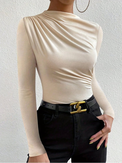 Elegant Women's Long Sleeve T-Shirt with Chest Wrinkle Detail - Slim Fit Medium Stretch Solid Color Top, Machine Washable All-Season Versatile Shirt for Casual & Formal Wear, Formal Attire, Turndown Collar, Stretch Fabric, Of Alpen Store