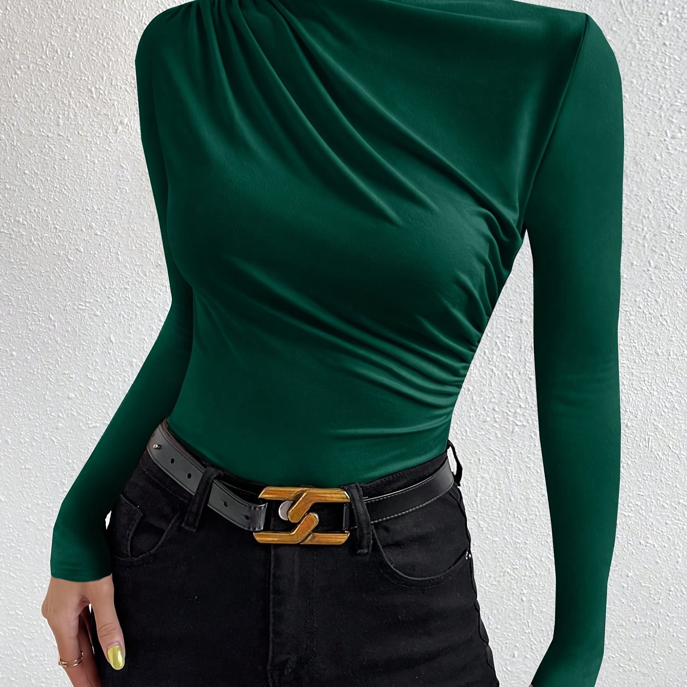 Elegant Women's Long Sleeve T-Shirt with Chest Wrinkle Detail - Slim Fit Medium Stretch Solid Color Top, Machine Washable All-Season Versatile Shirt for Casual & Formal Wear, Formal Attire, Turndown Collar, Stretch Fabric, Of Alpen Store