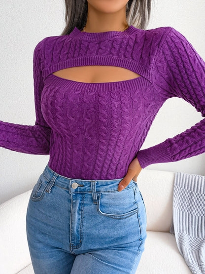 Women'S Sexy Hollow-Out Knit Pullover Sweater, Long Sleeve Crew Neck, Skinny Fit, Acrylic Blend (Polyester 28%, Polyamide 22%, Viscose 28%), High Stretch Fabric, Solid Color, Spring/Fall Fashion Top Alpen Store