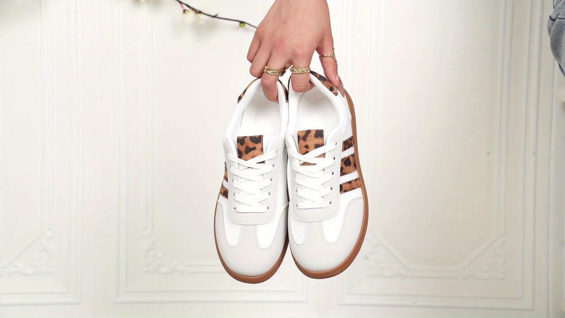 Women's White & Brown Leopard Print Sneakers - Chunky Platform Mid-Top Lace-Up Casual Shoes with Arch Support, Cushioned Insole & Arch Cushioning, All-Season Synthetic Cover-like Upper, Round Toe & Lining - Versatile for Casu Alpen Store