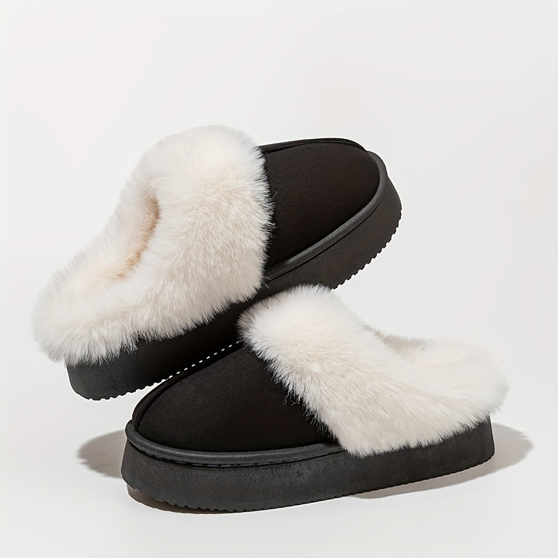 Women's Comfortable Faux Fur Lined Winter Boots - Chunky sole design, slip-on style, warm brown ankle boots with plush Faux Fur trim. Comfortable winter boots for cold weather wear, perfect gift. Halloween/Christmas gift. Alpen Store