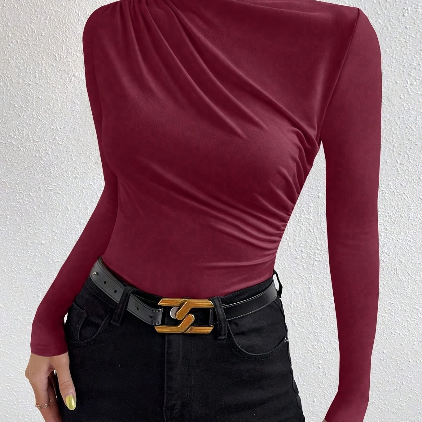 Elegant Women's Long Sleeve T-Shirt with Chest Wrinkle Detail - Slim Fit Medium Stretch Solid Color Top, Machine Washable All-Season Versatile Shirt for Casual & Formal Wear, Formal Attire, Turndown Collar, Stretch Fabric, Of Alpen Store