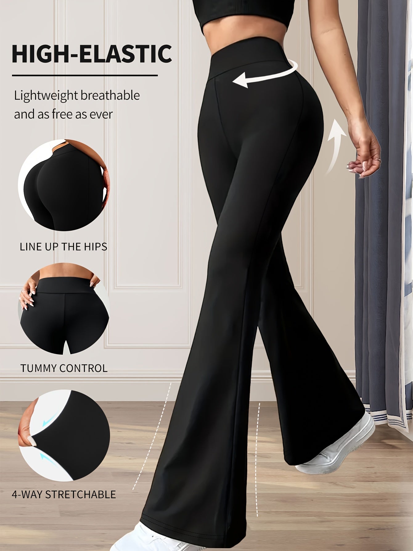 Women's High-Waisted Flared Leggings - Elastic Waistband, Mid-Rise 9/10 Length, Stretchy Comfort Fit for Spring/Autumn Casual Wear, Black, High Waisted Leggings Alpen Store