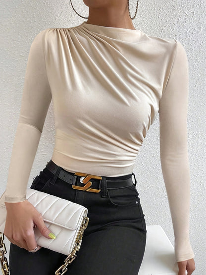 Elegant Women's Long Sleeve T-Shirt with Chest Wrinkle Detail - Slim Fit Medium Stretch Solid Color Top, Machine Washable All-Season Versatile Shirt for Casual & Formal Wear, Formal Attire, Turndown Collar, Stretch Fabric, Of Alpen Store