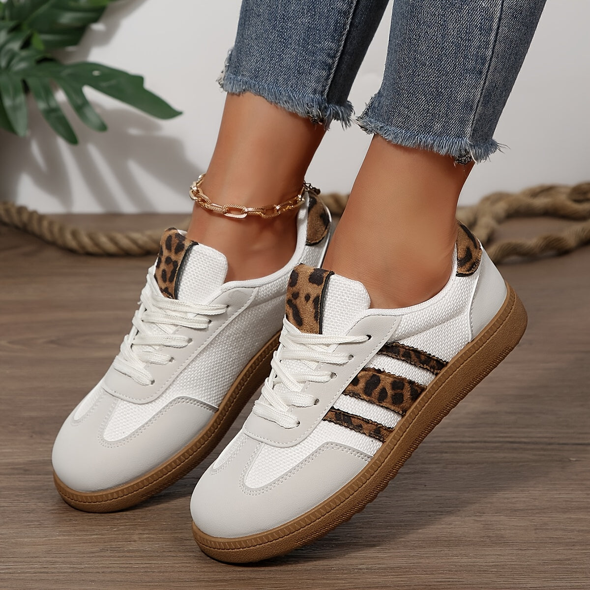 Women's White & Brown Leopard Print Sneakers - Chunky Platform Mid-Top Lace-Up Casual Shoes with Arch Support, Cushioned Insole & Arch Cushioning, All-Season Synthetic Cover-like Upper, Round Toe & Lining - Versatile for Casu Alpen Store