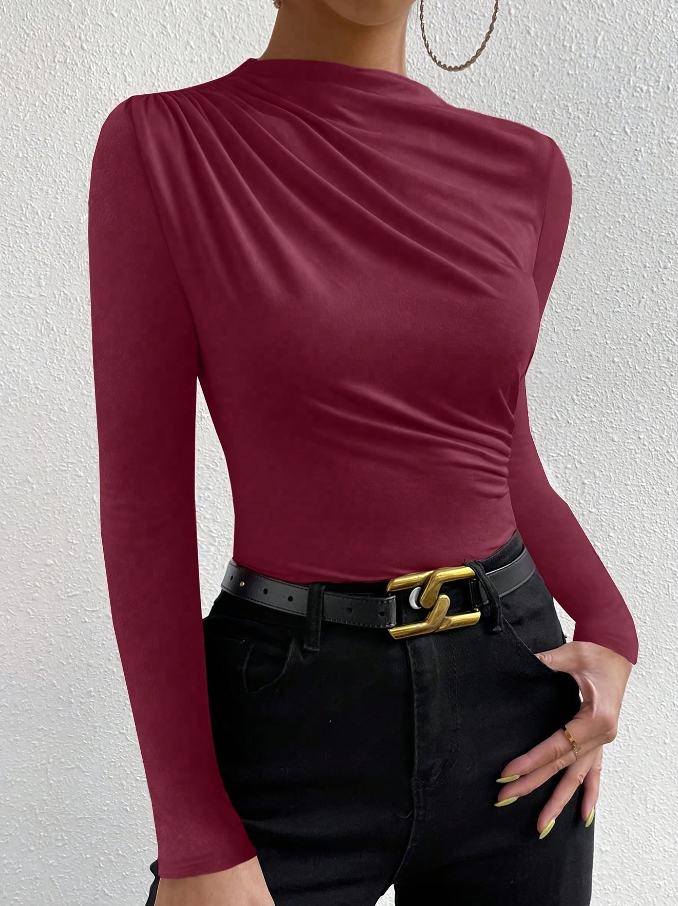 Elegant Women's Long Sleeve T-Shirt with Chest Wrinkle Detail - Slim Fit Medium Stretch Solid Color Top, Machine Washable All-Season Versatile Shirt for Casual & Formal Wear, Formal Attire, Turndown Collar, Stretch Fabric, Of Alpen Store